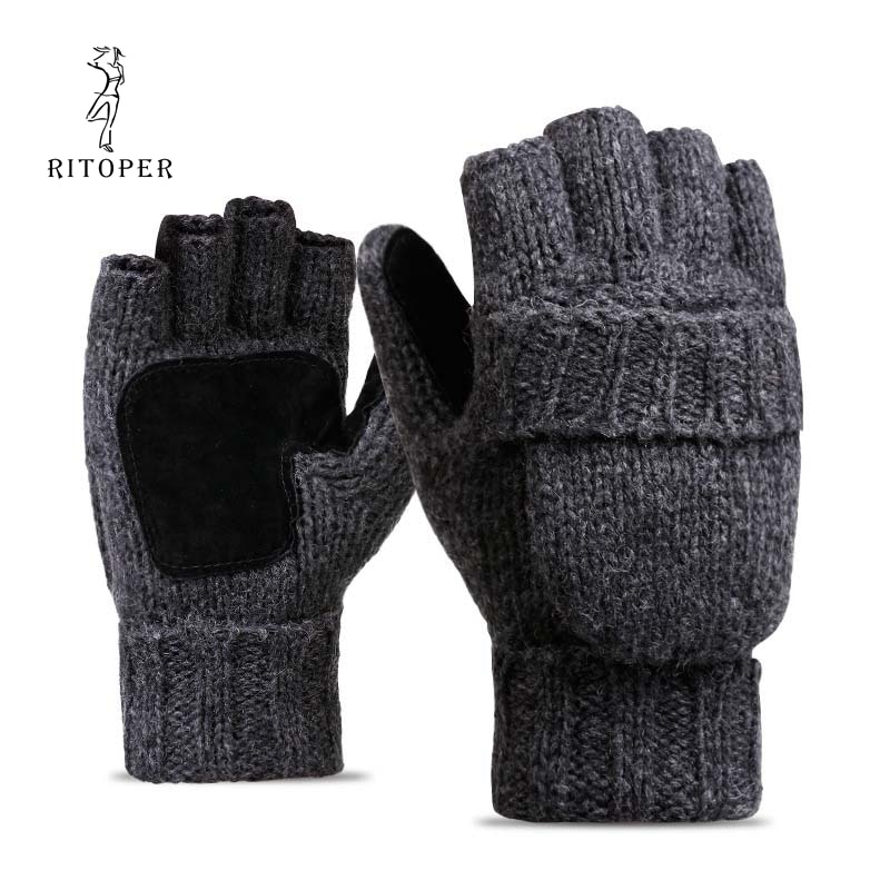 Ritoper unisex plus mandlige fingerløse handsker mænd vinter varme udsatte vanter strikket varm flip finger handske – Grandado