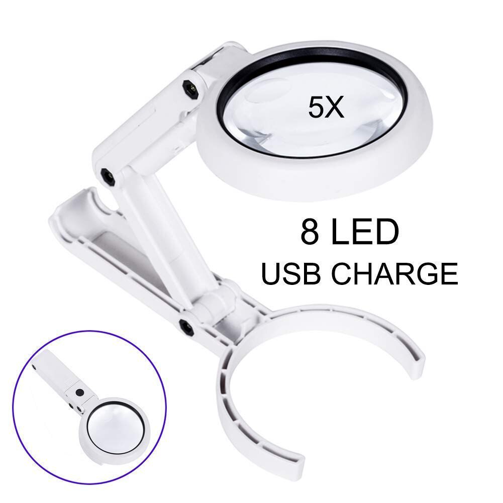 Hd Optical Illuminated Magnifying Glass-(5X + 11X) Magnification Lens,8 Led Lighted Usb Charge Magnifier Glass With Desktop An