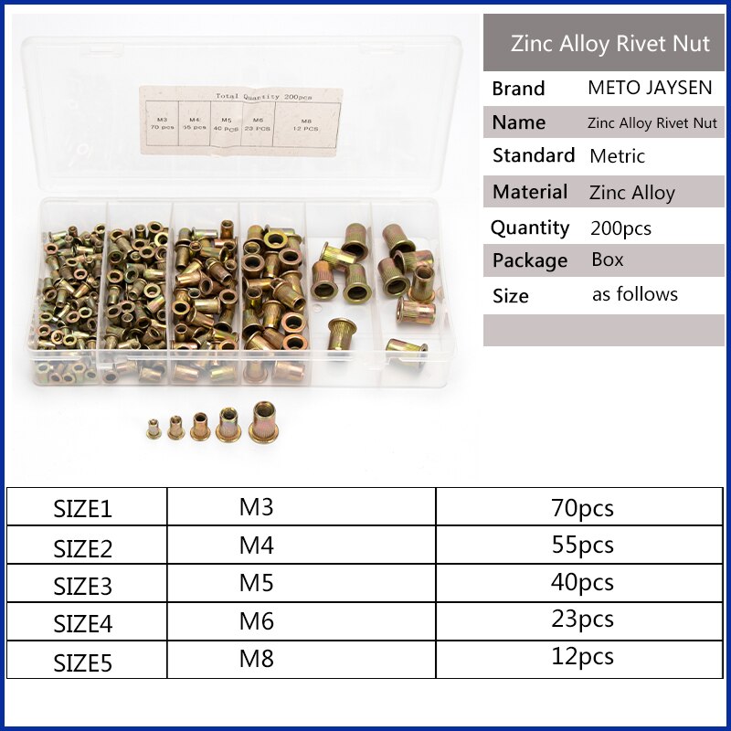 165pcs Zinc Rivet Nuts M3 M4 M5 M6 M8 Flat Head Knurled Zinc Alloy Rivet Nuts Set Multi Sizes Zinc Rivet-Nuts Assortment Kit: M38LM199 x1