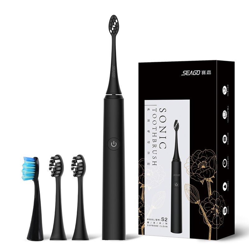 Seago elektrisk sonisk tandbørste 5 tilstand genopladelig automatisk udskiftning tandbørste voksen vandtæt hvidere bedst: Sort 2