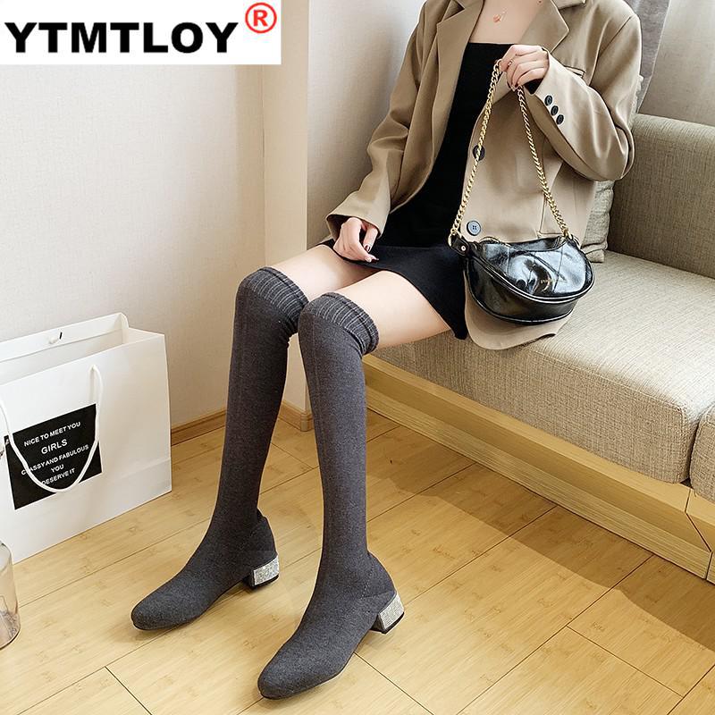 Bottines à bout rond pour femmes, talons hauts en caoutchouc et épais, chauds au dessus des genoux, printemps-automne, collection sans lacet: Gray / 36