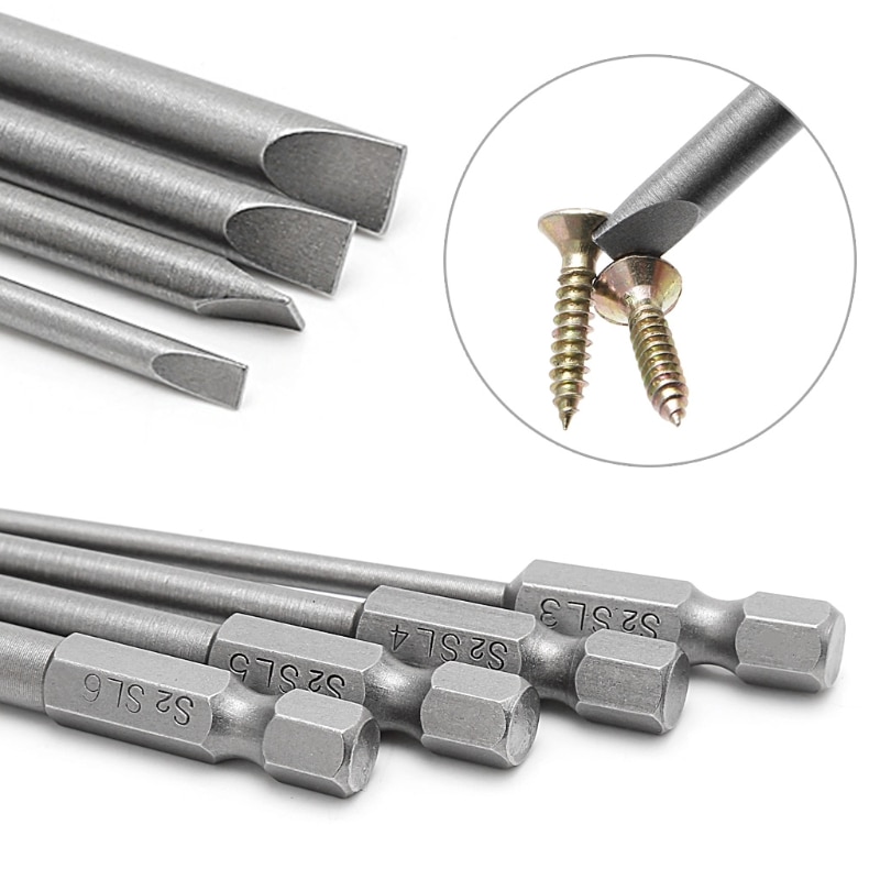 4Pcs 100mm Slotted Screwdriver Bit 3mm-6mm S2 Magnetic Flat Head 1/4" Hex Shank 77UC