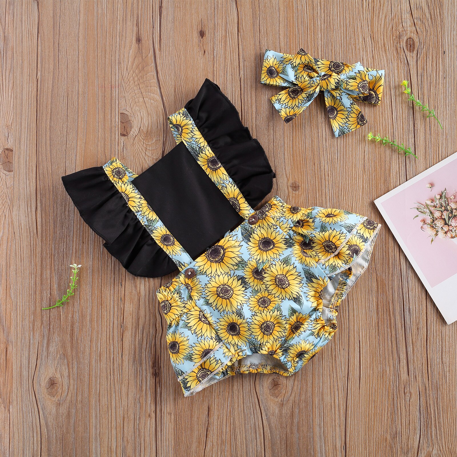 Focusnm 0-24m bebê recém-nascido meninas meninos bodysuits sunflowers impressão babados manga curta sem costas macacões bandana