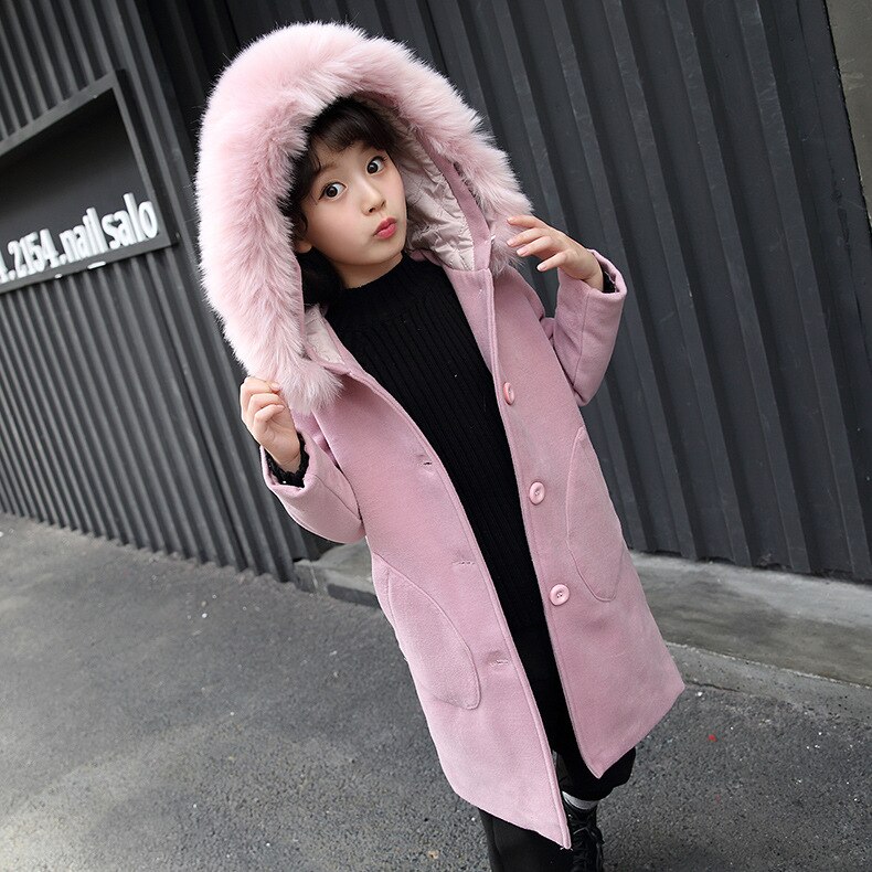 Meisjes wollen jas kinderen winterjas halflange bovenkleding warme wollen kleding capuchon windjack lange meisjes winterjas jas: 160