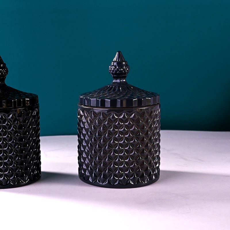 Tarros de cristal con tapa, latas de azúcar en lata de cristal, caja de dulces de diamante, recipiente para bastoncillos, almohadilla de algodón, recipiente de vidrio para almacenamiento doméstico: Matt black