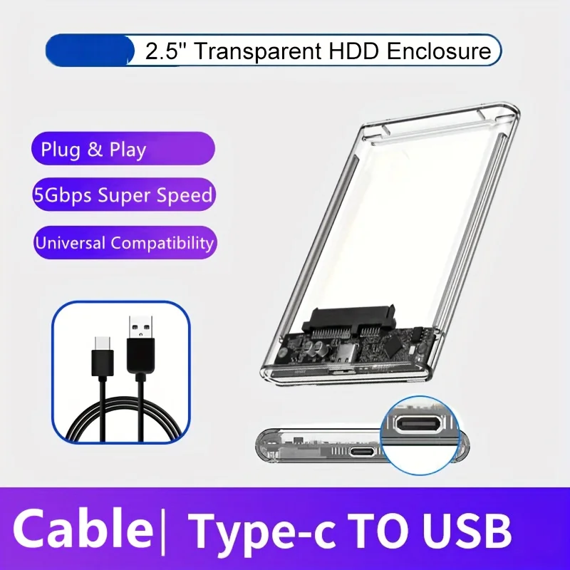 Transparent External Hard Drive Case 2.5 Inch HDD SSD Case Micro-B To USB3.1 4TB Drive Housing Compatible UASP SATA III Laptop: Silver