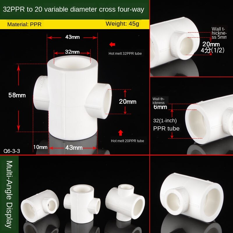 PPR Pipe Variable Diameter Four-way Joint 20/25/32/40/50/63/75 Turn 1/2 Inch 3/4 Inch 1 Inch PPR Water Pipe Fittings: 32-20 Reducer