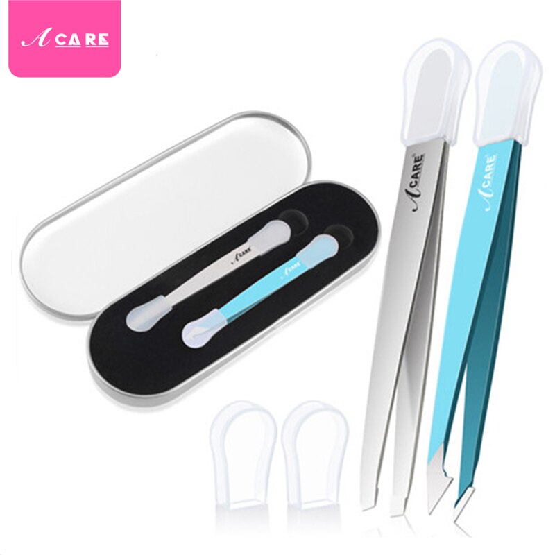 2 Stuks Wenkbrauw Pincet Brood Rvs Professionele Platte Tip Schuine Tip Eye Brow Remover Gezicht Haar Makeup Beauty Tools: Silver Blue with Box