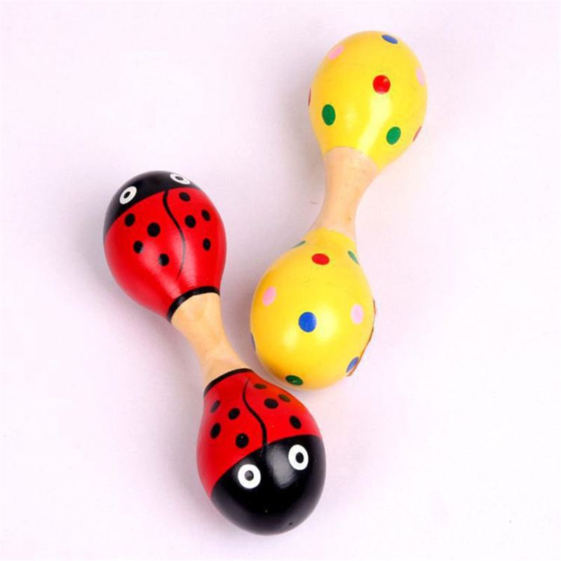 Double tête colorée en bois Maracas bébé enfant Instrument de musique hochet Shaker pour jouet de fête 634F