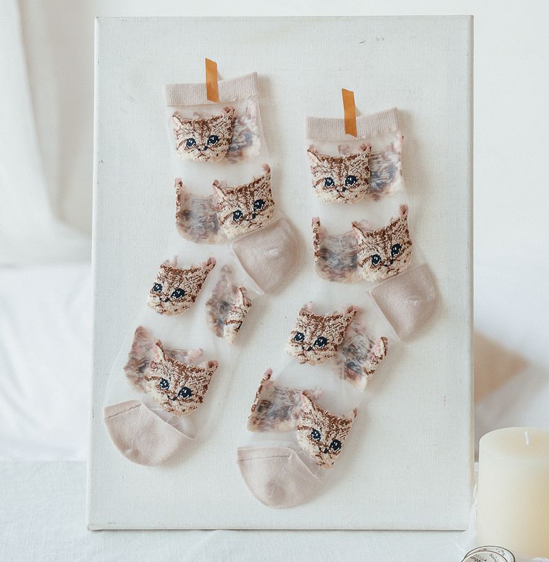Sommer kvinders sokker kawaii sød sød sjov kat damer krystal glad japansk gennemsigtig tegneserie silke sox til pige: Beige