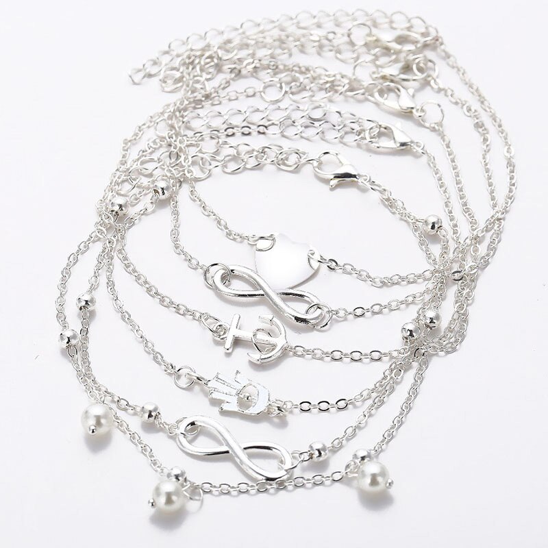 5Stck retro Perle Herz Unendlichkeit Knöchel Fußkettchen Armbinde einstellen Böhmen Fuß Strand Fußkettchen Frauen Barfuß Kette Schmuck: JL001002