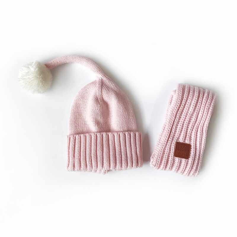 2 stk babyhatter skjerf sett strikket vinterstjerne beanie bomull varm pompon caps barn myke hatter barn jenter gutter: Rosa