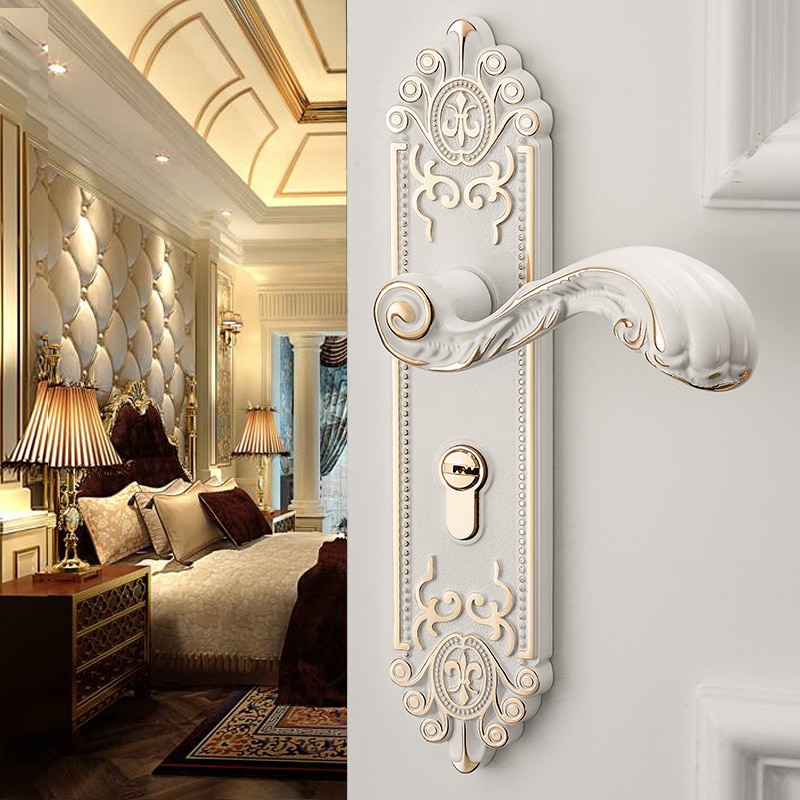 Serrure de porte intérieure en bois massif blanc ivoire, ensemble complet de serrures de chambre à coucher, verrouillage Continental silencieux