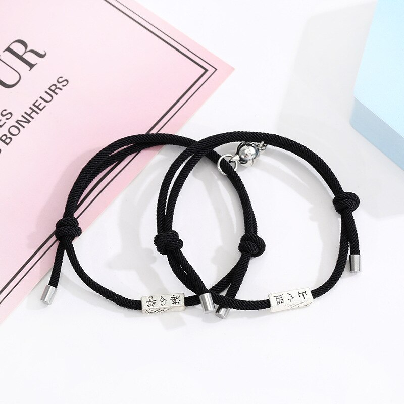 2Pcs Minimalistische Bijpassende Vriendschap Armband Touw Gevlochten Paar Magnetische Trekken Elkaar Afstand Armband Minnaar Sieraden: Black