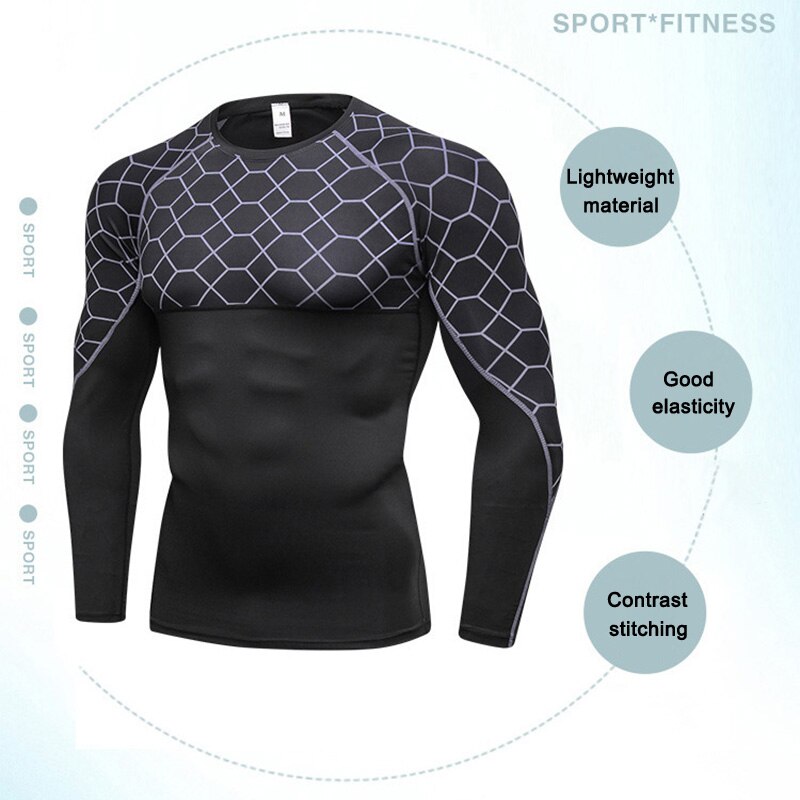 Men Quick-dry Tight Breathable Printed Sports Shirt with Long Sleeve Round Neck ENA88