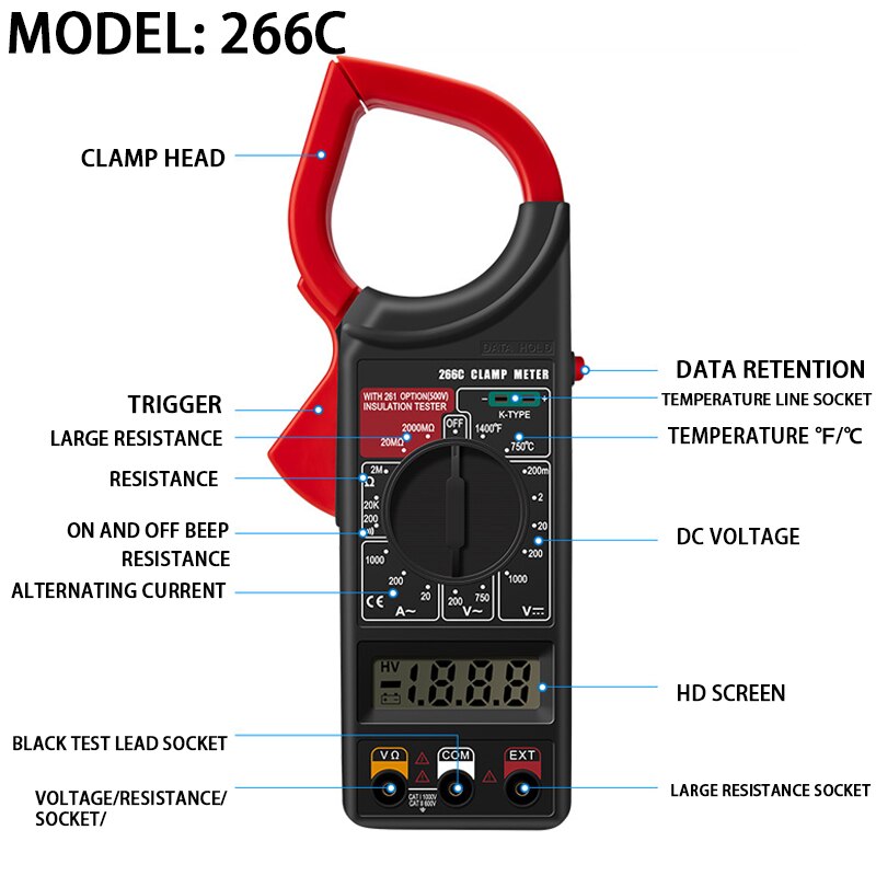 Digital Voltage Clamp Meter Multimeter Current Clamp Meter Buzzer Data Hold Non-contact Multimeter Voltmeter Ohmmeter Ammeter