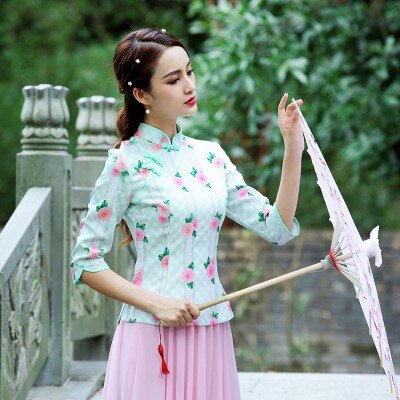 Sheng coco parantaa qipao pusero vaaleanpunainen topit perinteinen kiinalainen pusero hoikka naisten teline lyijypainatus puuvilla itämaiset paidat: Vihreä qipao pusero  / Xxxl