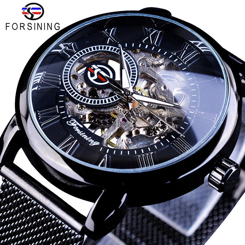 Forsining Classic Retro Luxe 3D Romeinse Aantal Zwarte Mesh Band Transparant Mannen Mechanische Skelet Horloges Top Luxe: Full Black