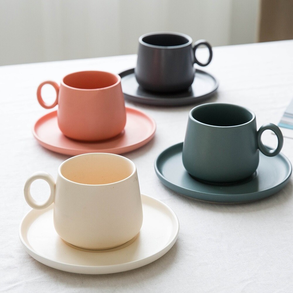 4 Kleur Beschikbaar Eenvoudige Matte Set Keramische Koffie Steengoed Melk Cup Porselein Schotel