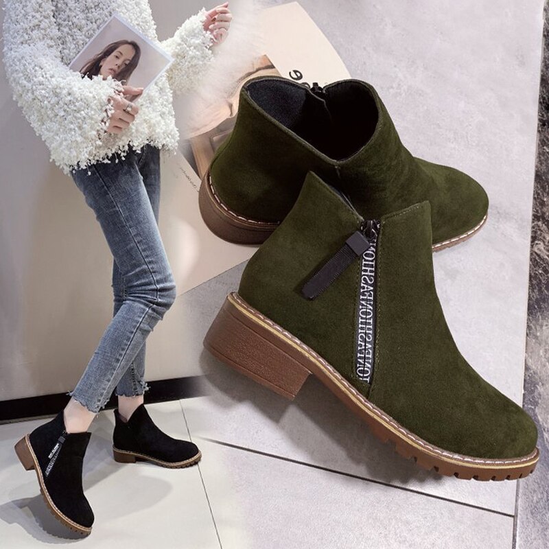 1 Pair Women Lady Ankle Boots Square Heel Side Zipper Round Toe Casual Shoes