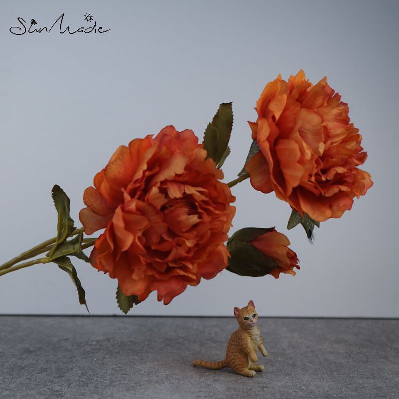 Sunmade 3-Head Grote Pioen Tak Kunstbloemen Woonkamer Decoratie Bruiloft Fall Decor Bloemstuk Diy: Retro Orange