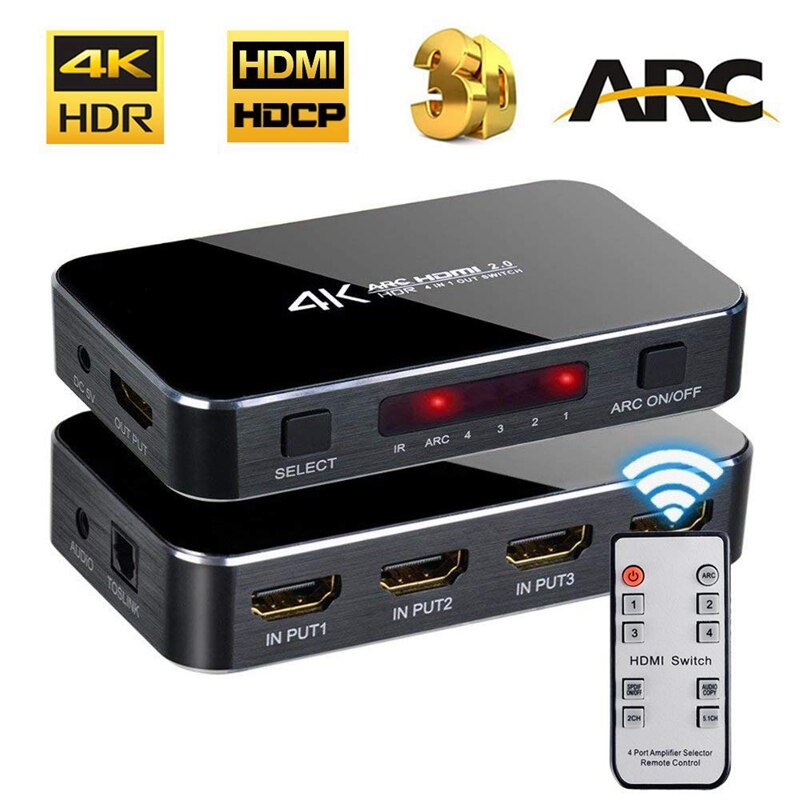 HDMI Switch 4K@60Hz 4 in 1 Out with o Optical/Remote Control, HDMI Splitter with o Extractor Support ARC