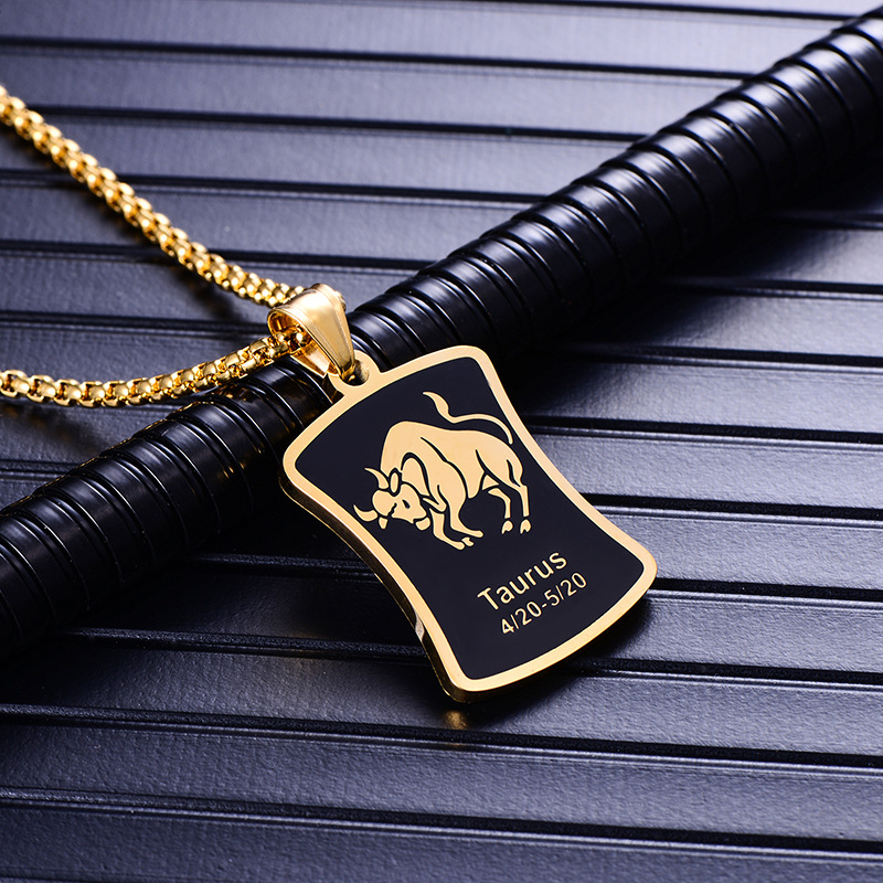 Zodiac sign 12 constellation pendant men necklace stainless steel male accessories gold simple silver necklace chain Square card