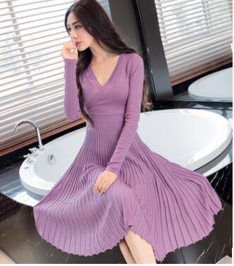 Autumn Winter Women Christmas Knee-Length Knitted Sweater Dress Casual Long Pleated Dress For Women Vestidos: purple