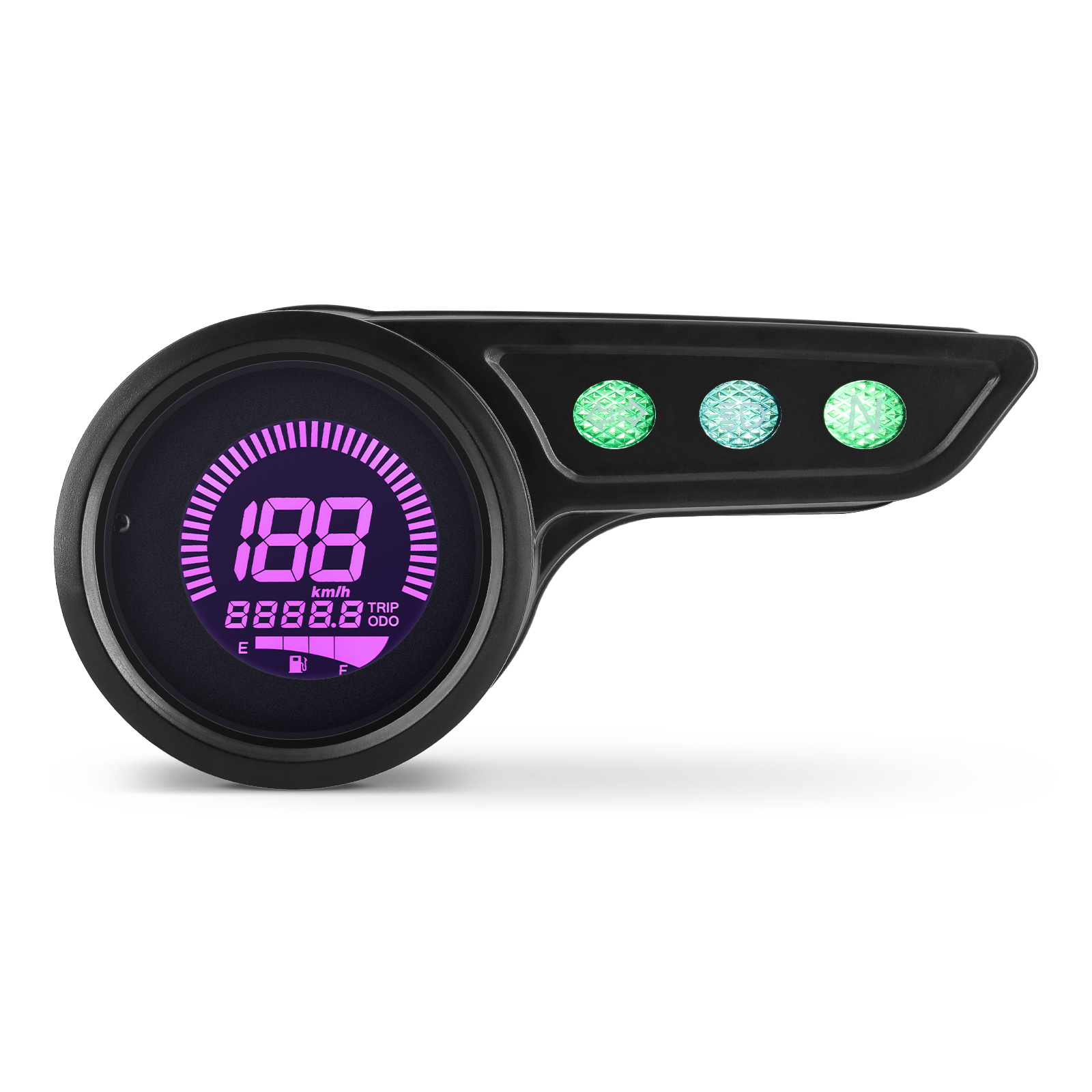 Retro motorfiets snelheidsmeter/kilometerteller met 7 kleuren achtergrondverlichting, snelheidsmeter (km/u), kilometerteller, versnellingsmeter, dagteller, brandstofniveau-indicator.