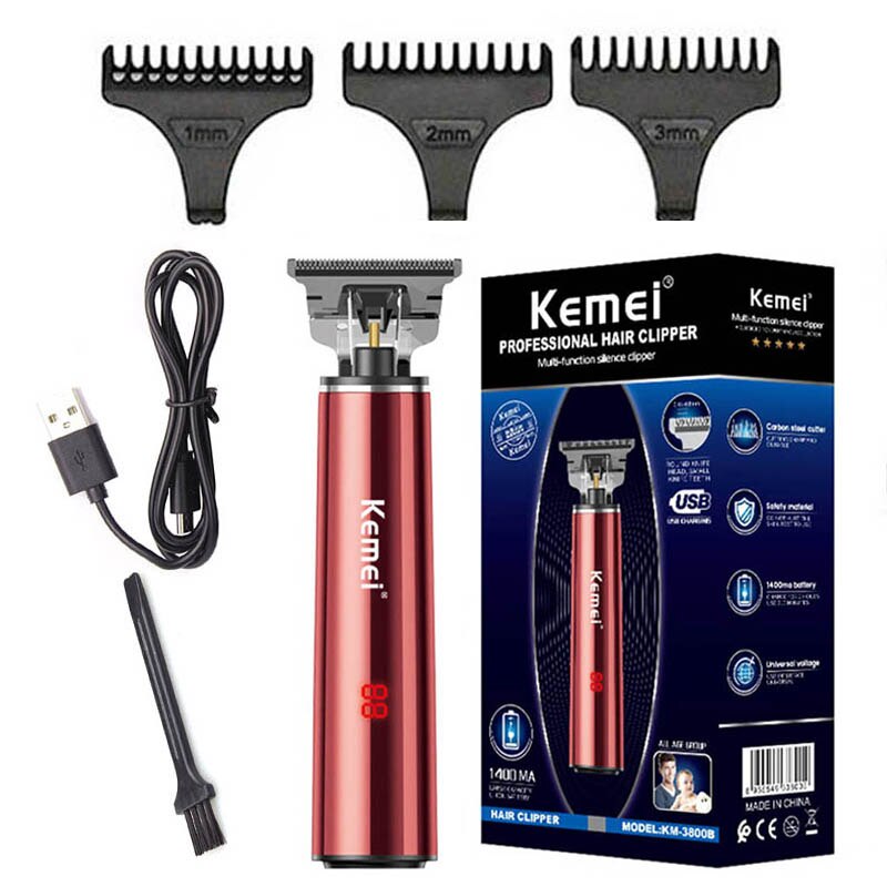 Original LCD display powerful kemei hair trimmer men electric beard trimmer rechargeable hair clipper for finishing outlining: red with box