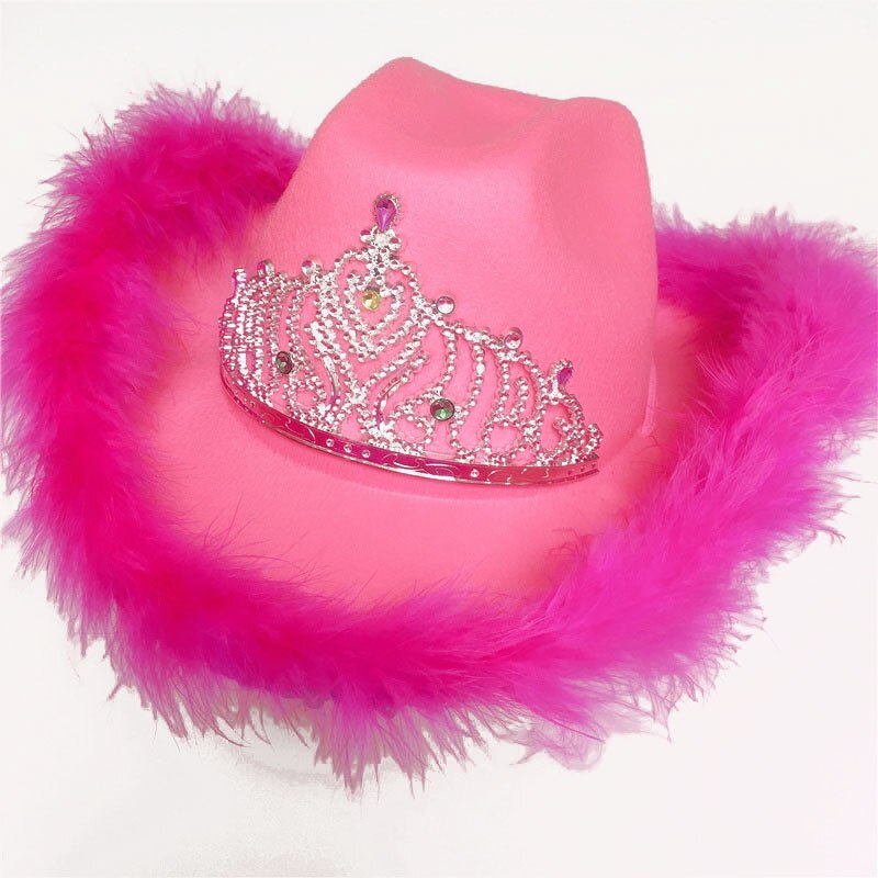 Western Style Tiara Pink Cowgirl Hat For Women Girl Tiara Cowgirl Hat Cowboy Cap Adult Hats Costume Party Hat: A - purple feather