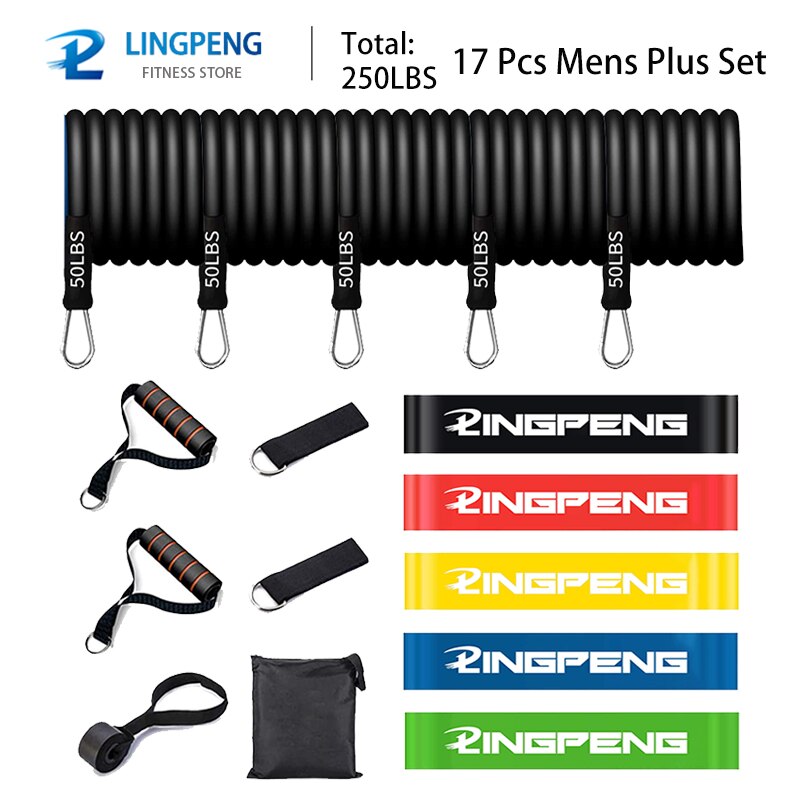 Conjunto de banda de resistencia física fuerte, cuerda elástica para Yoga, gimnasio, entrenamiento, expansor, anclaje de puerta con mango, correa para el tobillo: 17 Pcs Mens Plus Set