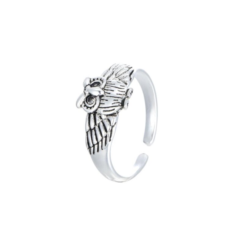Anillo de plata de primera ley con forma de búho para mujer, sortija, plata esterlina 925, estilo Retro, personalidad, estilo literario, , apertura de tamaño variable, SRI114