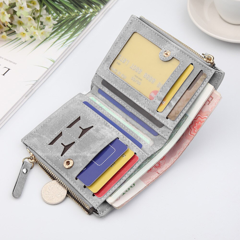 Dames portemonnee met retro canvas patroon, multifunctionele kaarthouder, twee vouwsluitingen, dubbele rits, mini portemonnee