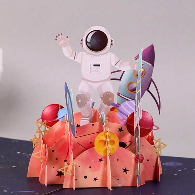 Z kreskówkowym motywem kosmosu powitanie kartka okolicznościowa z kopertą 3D astronauta rakieta planeta gwiazda składany zabawny rzeźba błogosławieństwo papier prezentowy