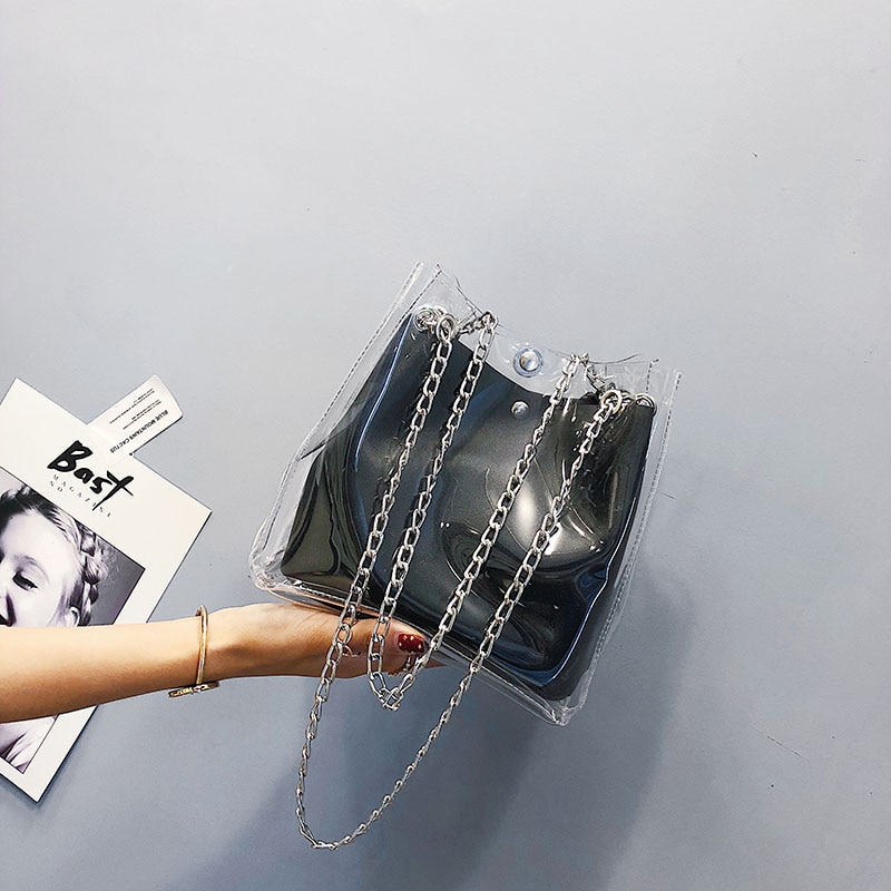 Ljl kvinner små bøtteposer plast gjennomsiktig totes kompositt kjede bag kvinnelige mini gelé håndvesker