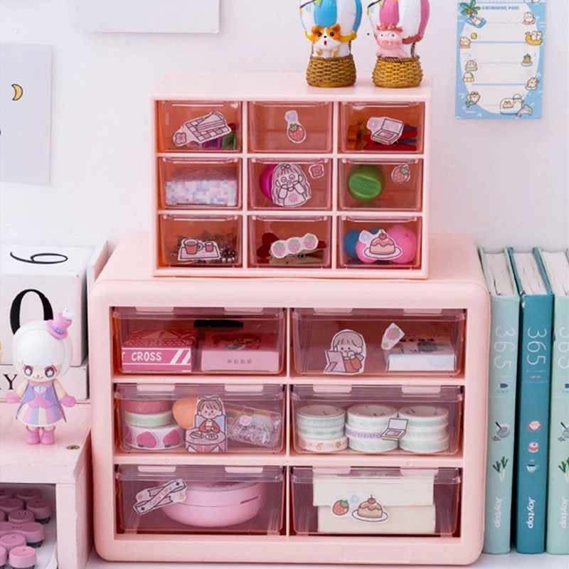 Kawaii Desktop Plastic Organizer Jewelry Makeup Containers Desktop Organizer Desk Storage Box School Stationery Accessories