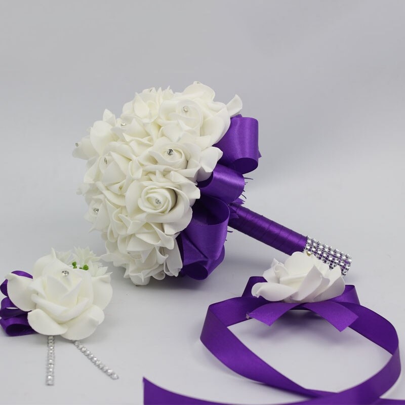 3 stks/set Bridal Bruidsmeisje Kunstbloemen houder Bruidsboeket Boutonniere Pols Corsage Set Thuis Party Bruid Accessoires: Purple