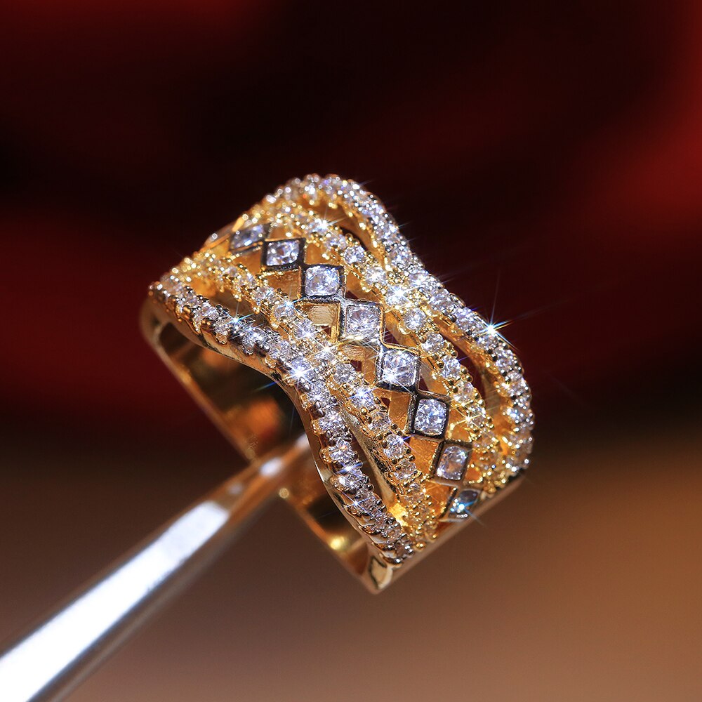 Huitan Gorgeous Geometric Hollow Shape Ethnic Wedding Women Ring 5 Row Full Bling Iced Out CZ Jewelry Noble Female