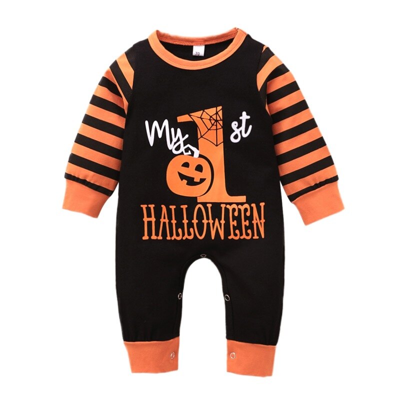 Pasgeboren Halloween Jumpsuit Baby Boy Meisje Romper Mijn Eerste Halloween Brief Print Jumpsuit Baby Streep Mouw Rompertjes: 12m