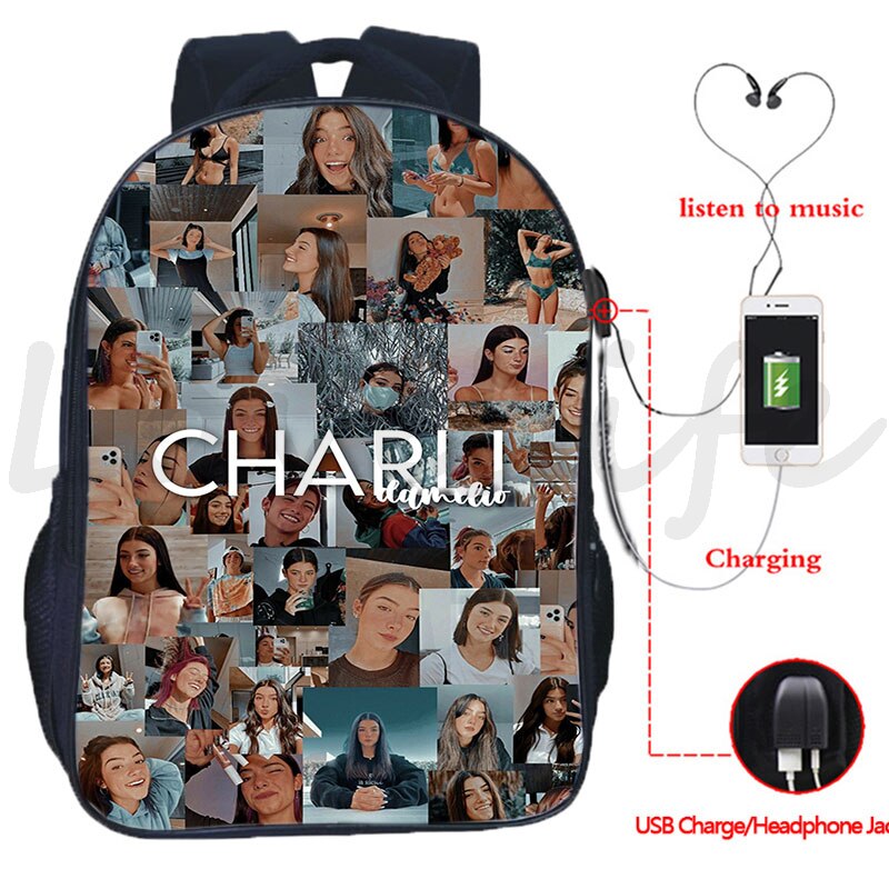 Plecak Charli Damelio plecak USB Design chłopcy dziewczęta torby szkolne mężczyźni kobiety dwuwarstwowy plecak na laptopa plecak podróżny USB