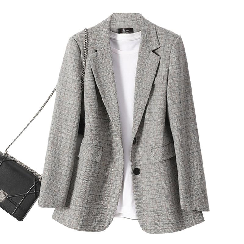 Lauri laki rutig kavaj dam kontorskläder långärmad kavaj kostym mujer vintage gitter plazer jacka plus size khaki: Grå / Xxxl