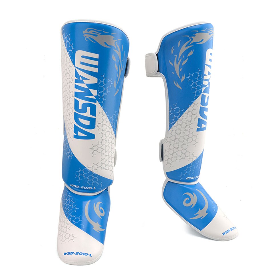 GOBYGO Ein Paar High PU Leder Boxen Shin Guards Knöchel Schutz MMA Muay Thai Training Bein Wärmer Treten shin Schutz: Blue with white / S--Height 135-165cm