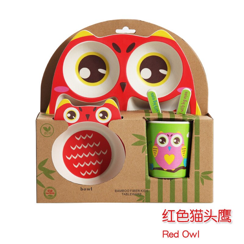 Owl Baby Dinnerware Set Bamboo Fiber Children's Plate Cartoon Baby Feeding Dishesd With Fork Spoon Cup Kids Tableware: red owl