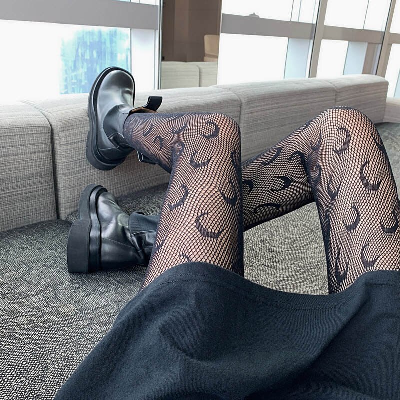 Sexy Hollow Fishnet Stockings Moon Printing Summer Nylon Women Pantyhose White Black Seamless Lady Tights Hosiery