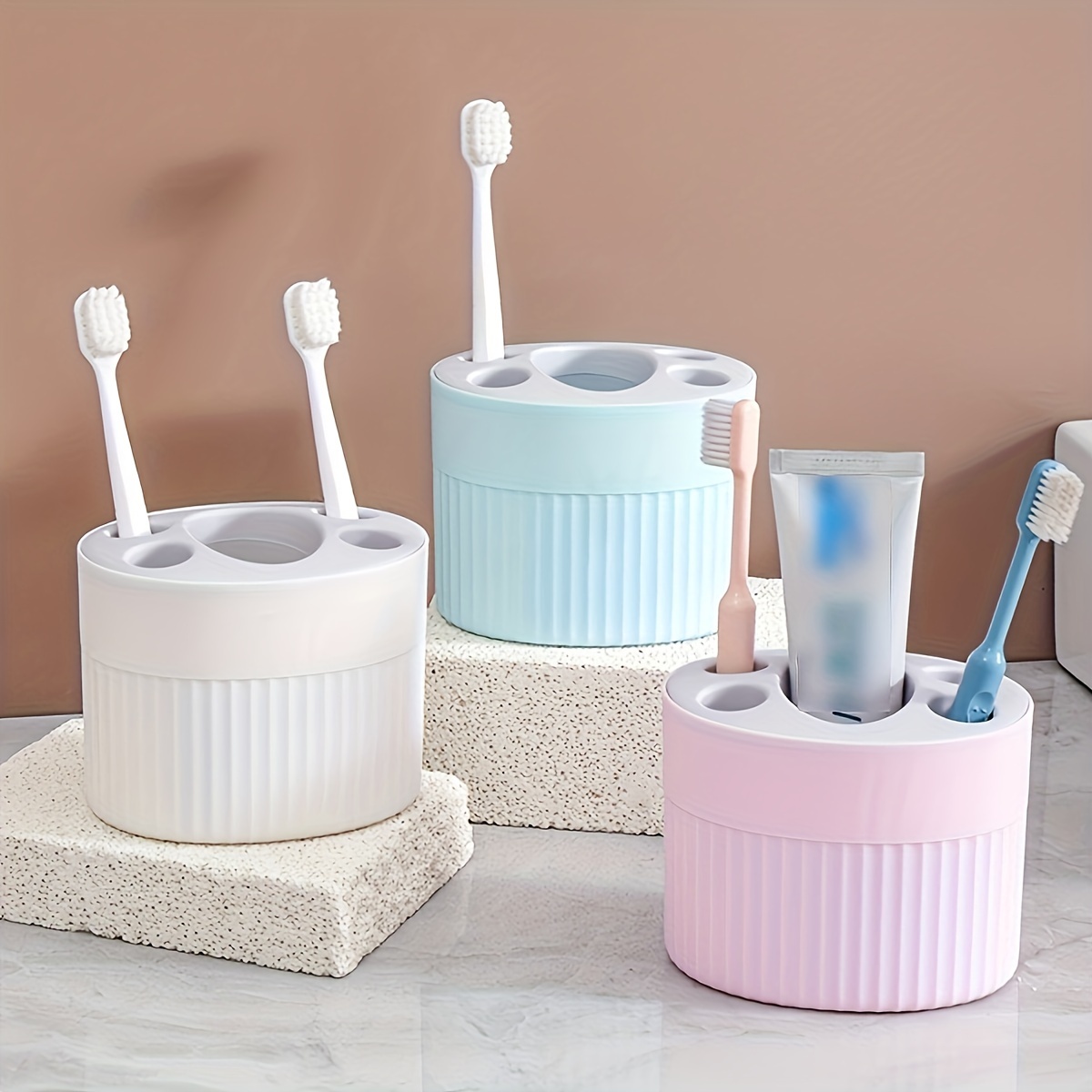 4 - Slot Toothbrush Holder with Drain Holes, ABS Plastic Freestanding Bathroom Organizer for Toothpaste, Home & Festival