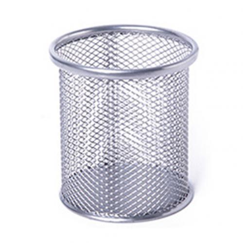 Desktop Office Mesh Metal pencil holder Pen Pencil Brush Pot Holder Storage Container Office Desk Organizer office organizer: Silver  Round