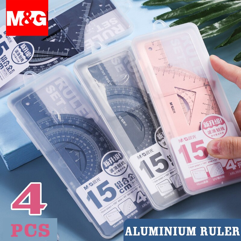 M&amp;G 4PCS/Set UV Aluminum Alloy Ruler Drawing Measurement Geometry Triangle Ruler straightedge Protractor A variety of rulers