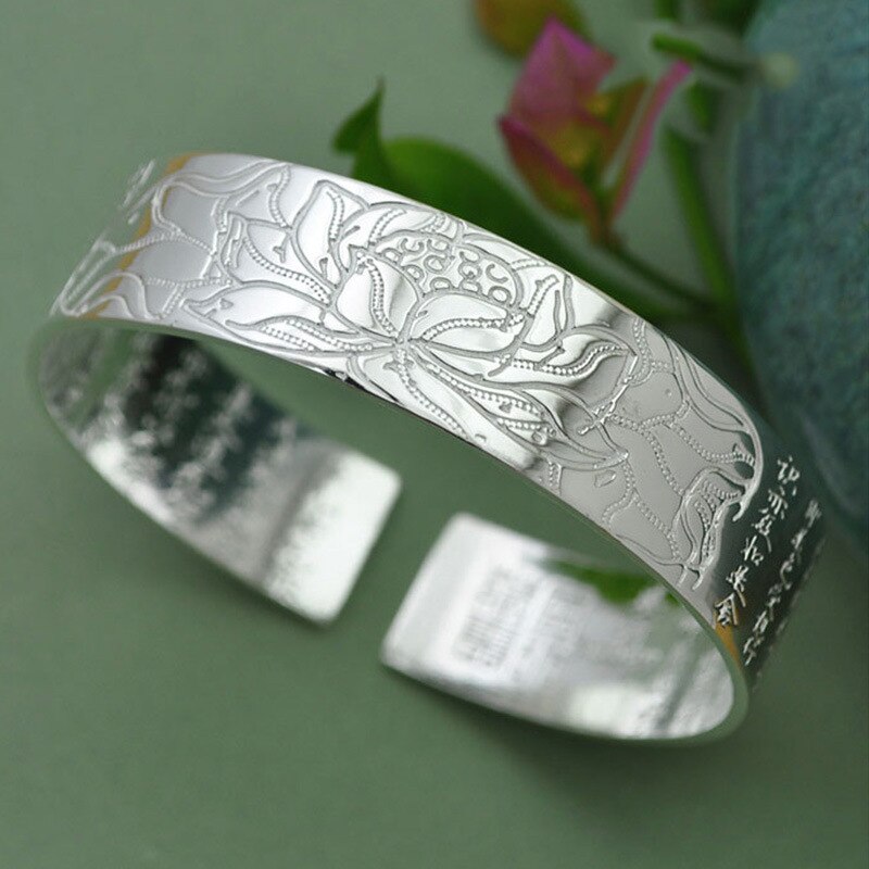 Lotus sutra sølvbelagt farve armbånd tibetanske buddhistiske skrifter sprog kvinde bred hånd smykker amulet armbånd: Sølv rfarve