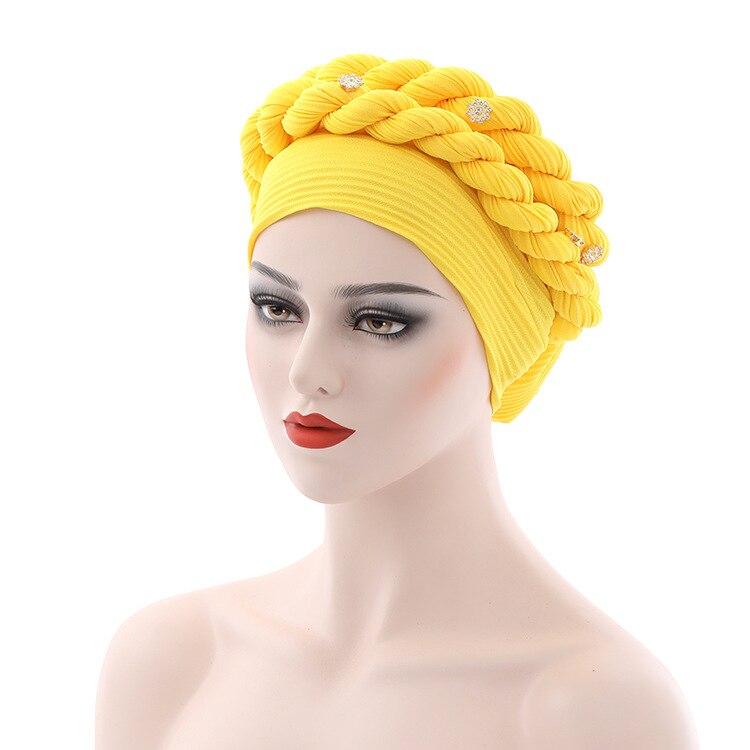 Ready to Wear Aso Oke Gele Turban Woven Messy Linen Crumpled Twist Braid Muslim Hat Robe Africain Headgear Headties Bonnets: YELLOW